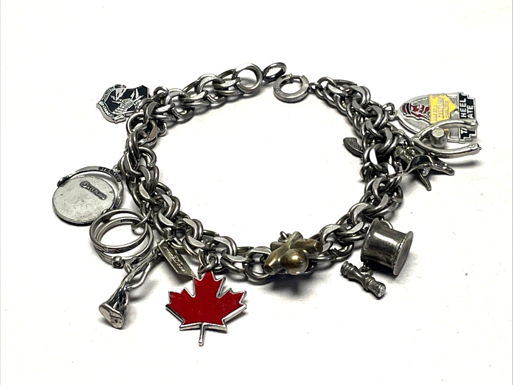 Vintage Sterling Silver Charm Bracelet Bell Travel Canada Mexico USA 7" 36g